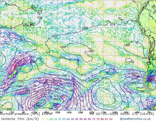 Isotachen (km/h) ECMWF wo 29.05.2024 06 UTC