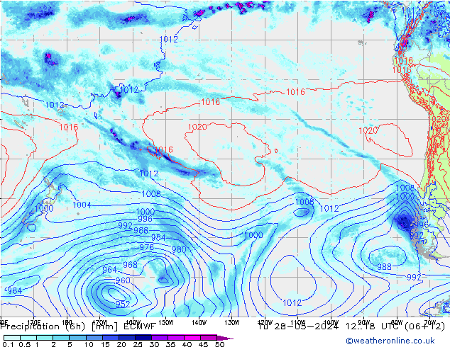 Totale neerslag (6h) ECMWF di 28.05.2024 18 UTC