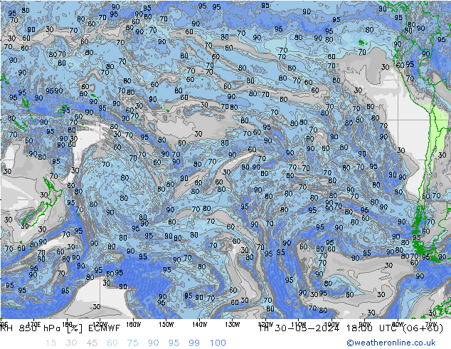 RH 850 гПа ECMWF чт 30.05.2024 18 UTC