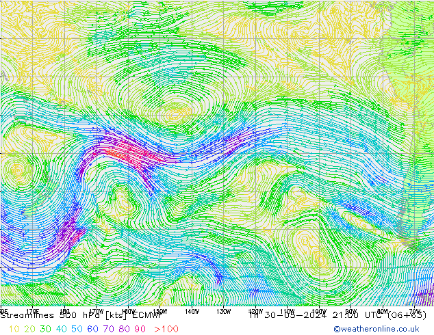 Linha de corrente 500 hPa ECMWF Qui 30.05.2024 21 UTC