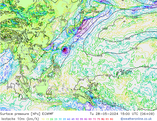 Isotachs (kph) ECMWF mar 28.05.2024 15 UTC