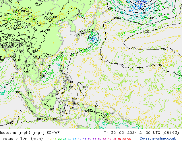 Isotachs (mph) ECMWF jeu 30.05.2024 21 UTC