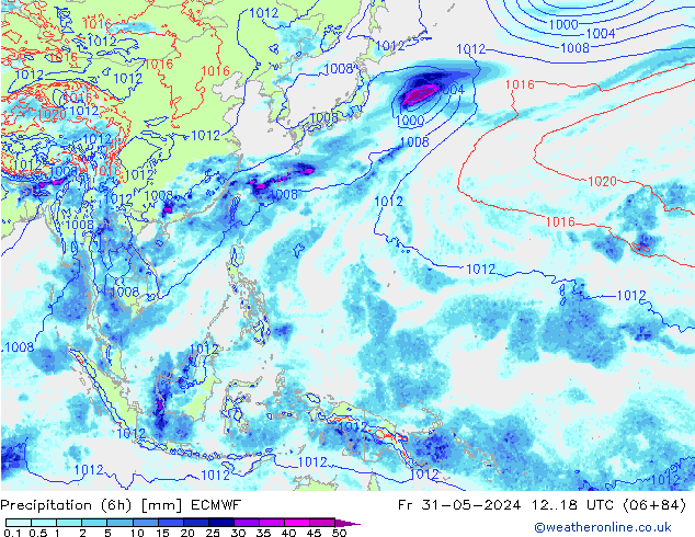 Totale neerslag (6h) ECMWF vr 31.05.2024 18 UTC