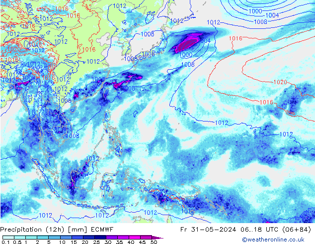 Totale neerslag (12h) ECMWF vr 31.05.2024 18 UTC