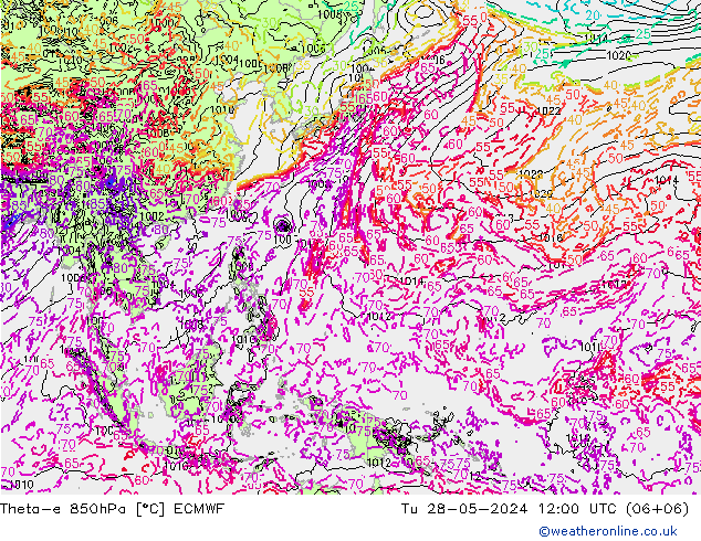 Theta-e 850hPa ECMWF Sa 28.05.2024 12 UTC