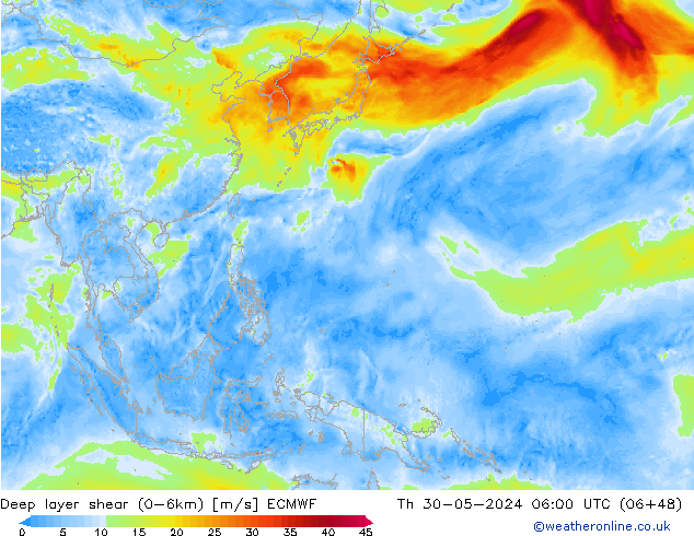 Deep layer shear (0-6km) ECMWF Th 30.05.2024 06 UTC