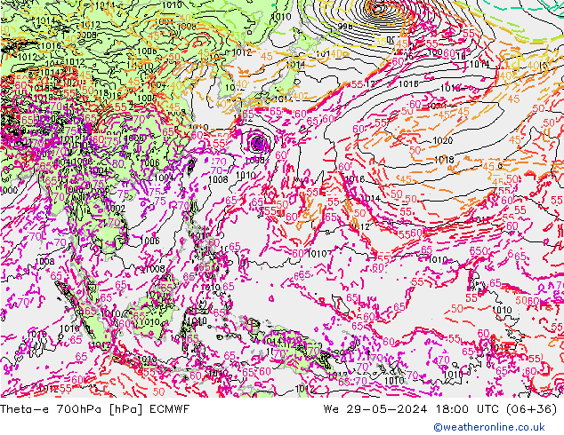 Theta-e 700hPa ECMWF mer 29.05.2024 18 UTC