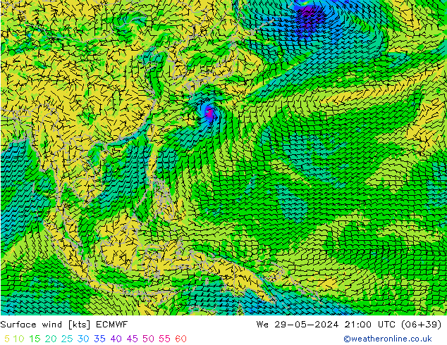 Vento 10 m ECMWF Qua 29.05.2024 21 UTC