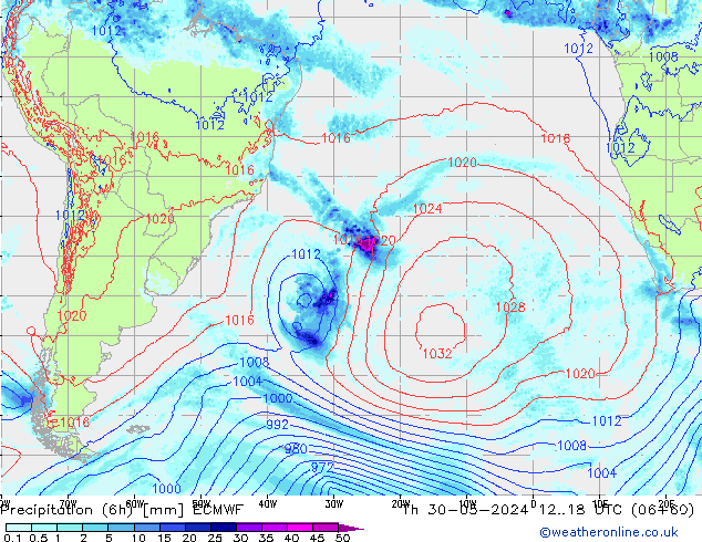 Z500/Rain (+SLP)/Z850 ECMWF jue 30.05.2024 18 UTC