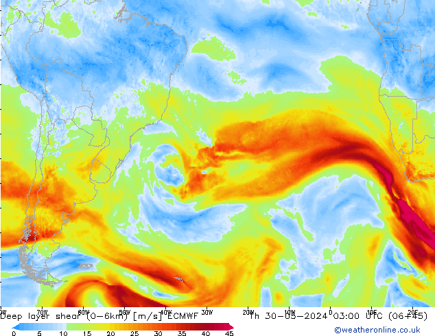 Deep layer shear (0-6km) ECMWF  30.05.2024 03 UTC