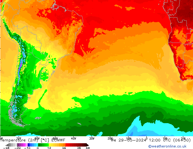 mapa temperatury (2m) ECMWF śro. 29.05.2024 12 UTC