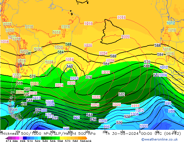 Dikte 500-1000hPa ECMWF do 30.05.2024 00 UTC