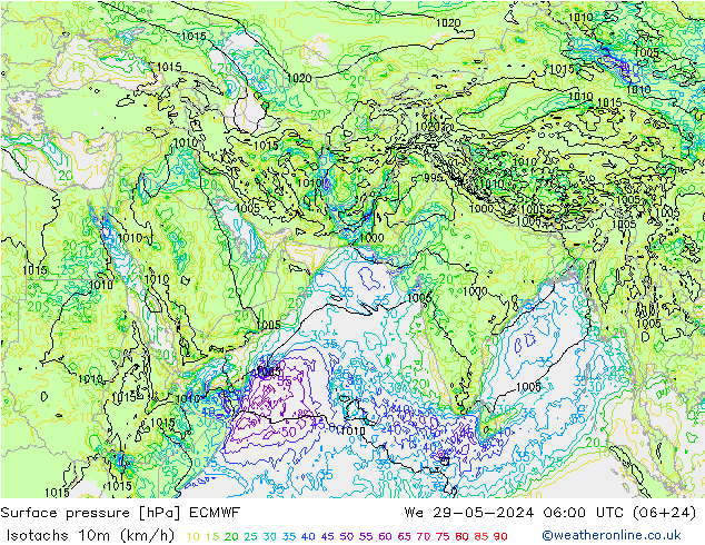 Isotachs (kph) ECMWF We 29.05.2024 06 UTC