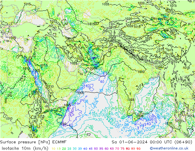 Isotachs (kph) ECMWF sam 01.06.2024 00 UTC