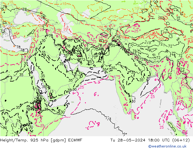 Height/Temp. 925 hPa ECMWF Út 28.05.2024 18 UTC