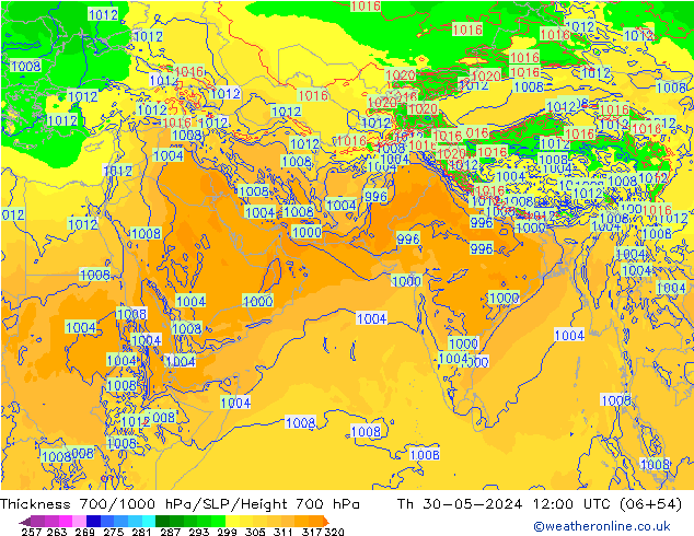 Schichtdicke 700-1000 hPa ECMWF Do 30.05.2024 12 UTC