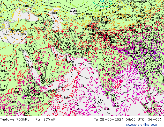 Theta-e 700hPa ECMWF wto. 28.05.2024 06 UTC