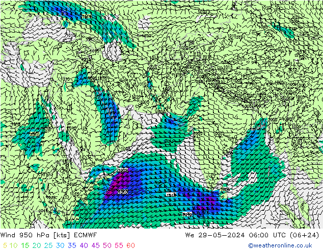 Vent 950 hPa ECMWF mer 29.05.2024 06 UTC