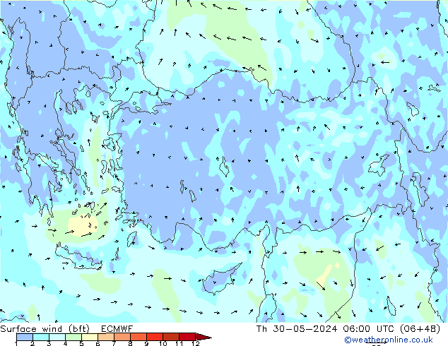 ве�Bе�@ 10 m (bft) ECMWF чт 30.05.2024 06 UTC