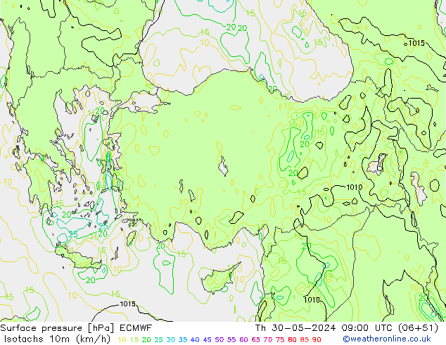 Isotaca (kph) ECMWF jue 30.05.2024 09 UTC