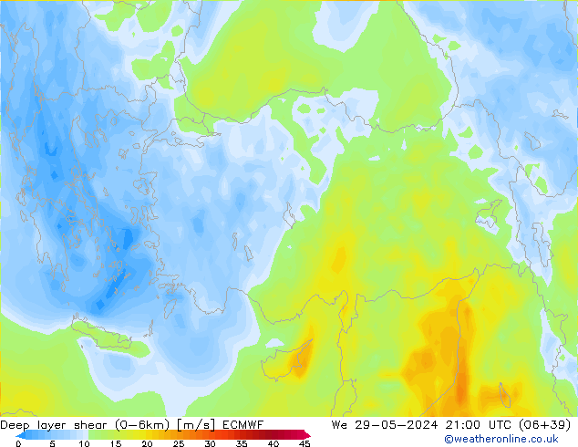 Deep layer shear (0-6km) ECMWF  29.05.2024 21 UTC