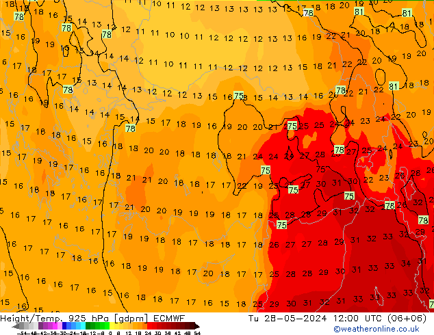 Hoogte/Temp. 925 hPa ECMWF di 28.05.2024 12 UTC