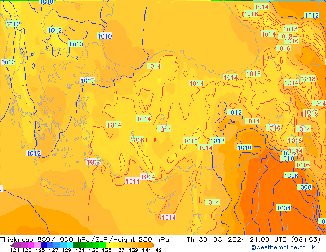 Thck 850-1000 hPa ECMWF czw. 30.05.2024 21 UTC