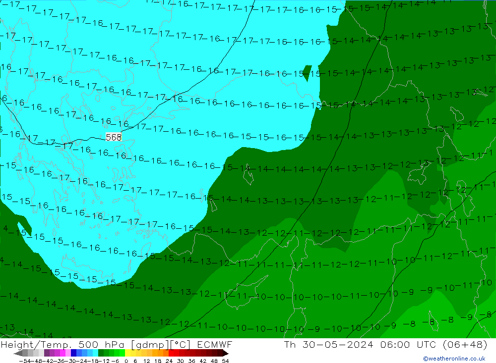 Z500/Rain (+SLP)/Z850 ECMWF Čt 30.05.2024 06 UTC