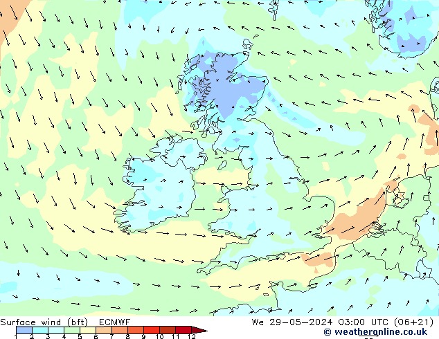 Surface wind (bft) ECMWF St 29.05.2024 03 UTC