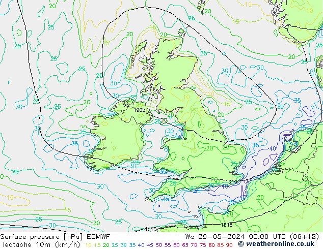 Isotaca (kph) ECMWF mié 29.05.2024 00 UTC