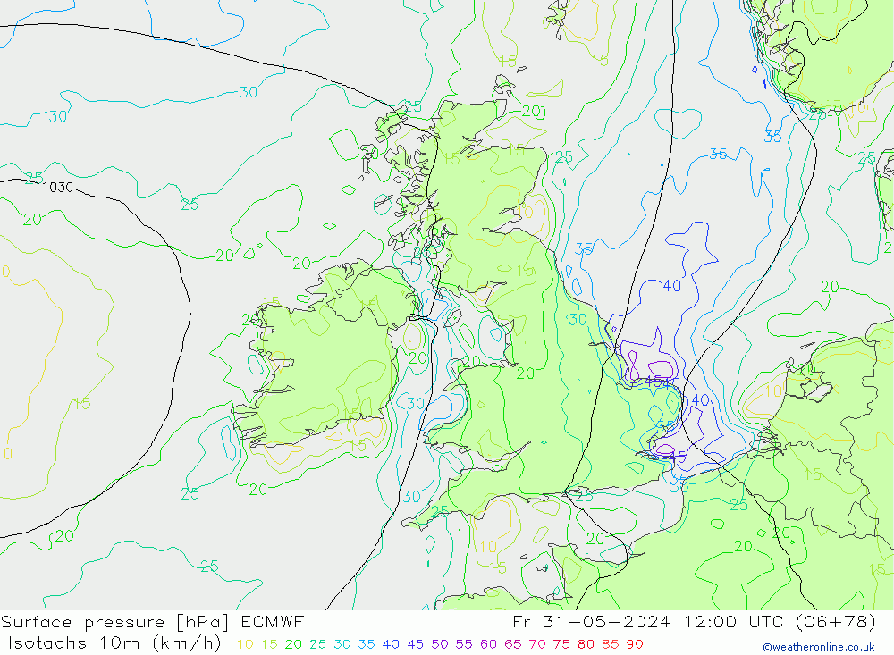 Isotachen (km/h) ECMWF Fr 31.05.2024 12 UTC