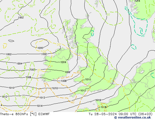 Theta-e 850hPa ECMWF mar 28.05.2024 09 UTC