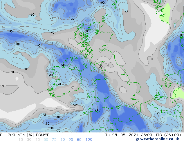 Humedad rel. 700hPa ECMWF mar 28.05.2024 06 UTC