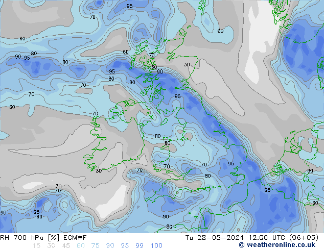 RH 700 hPa ECMWF Út 28.05.2024 12 UTC