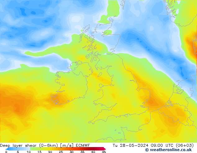 Deep layer shear (0-6km) ECMWF Tu 28.05.2024 09 UTC