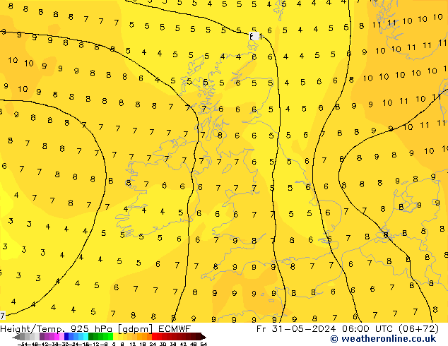 Height/Temp. 925 hPa ECMWF Fr 31.05.2024 06 UTC