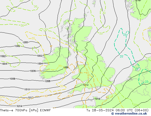 Theta-e 700hPa ECMWF Út 28.05.2024 06 UTC