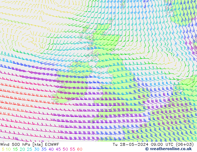 Wind 500 hPa ECMWF Di 28.05.2024 09 UTC