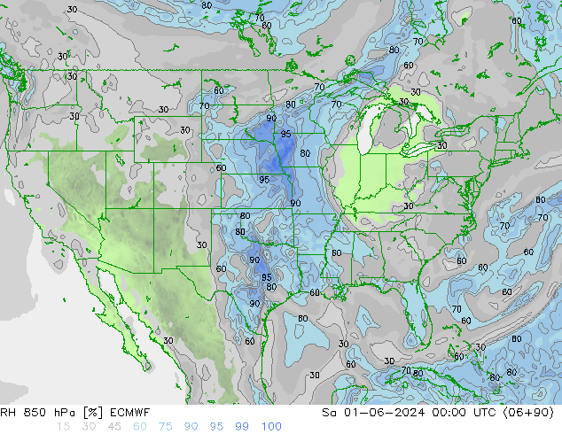 Humedad rel. 850hPa ECMWF sáb 01.06.2024 00 UTC