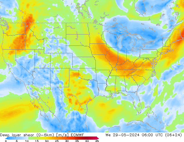 Deep layer shear (0-6km) ECMWF Qua 29.05.2024 06 UTC