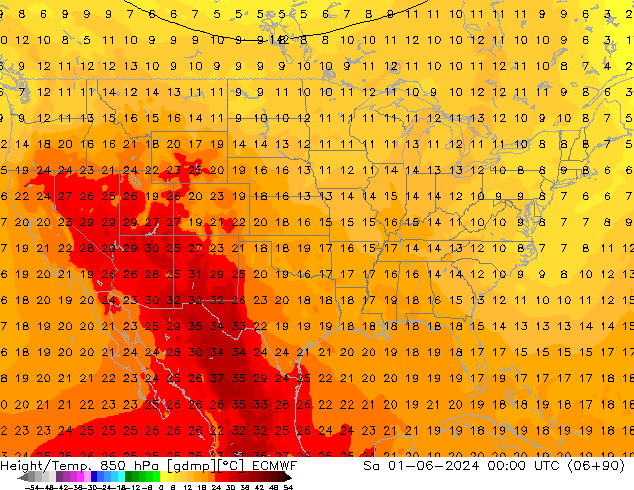 Hoogte/Temp. 850 hPa ECMWF za 01.06.2024 00 UTC