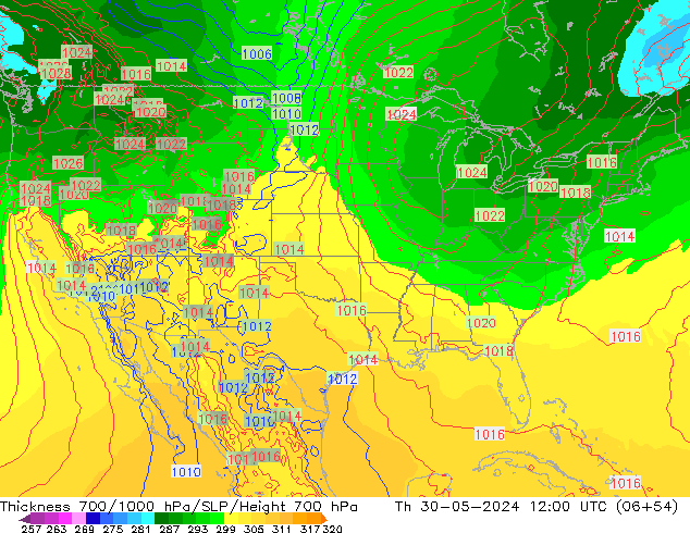 Thck 700-1000 hPa ECMWF Qui 30.05.2024 12 UTC