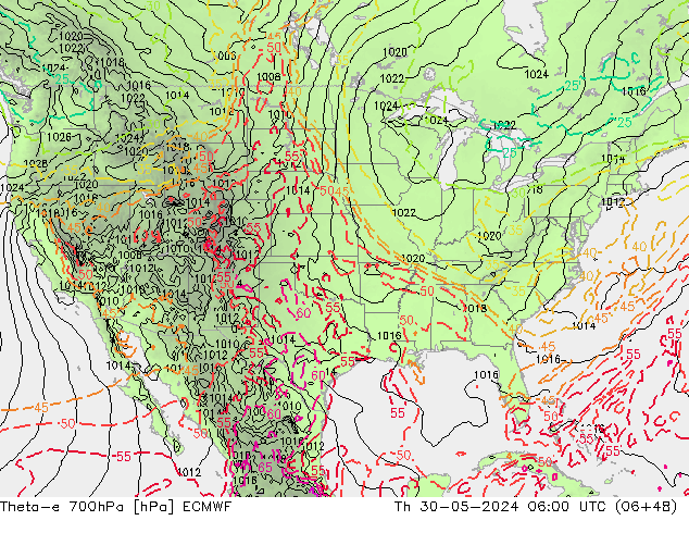 Theta-e 700hPa ECMWF czw. 30.05.2024 06 UTC