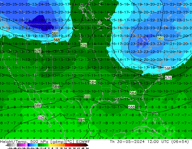 Height/Temp. 500 hPa ECMWF Qui 30.05.2024 12 UTC