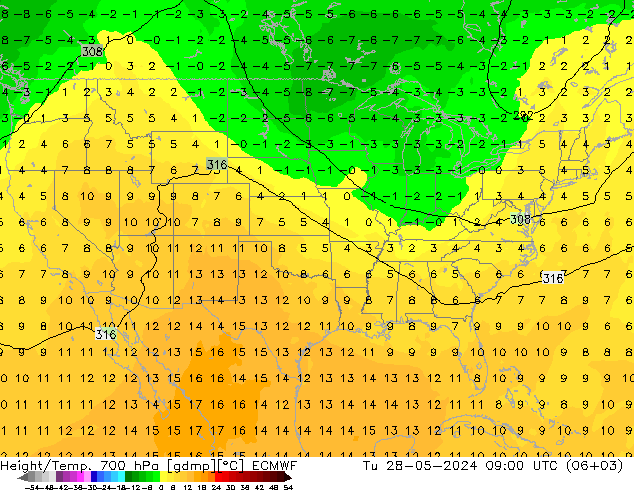 Height/Temp. 700 hPa ECMWF Ter 28.05.2024 09 UTC