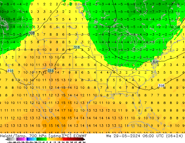 Height/Temp. 700 hPa ECMWF mer 29.05.2024 06 UTC