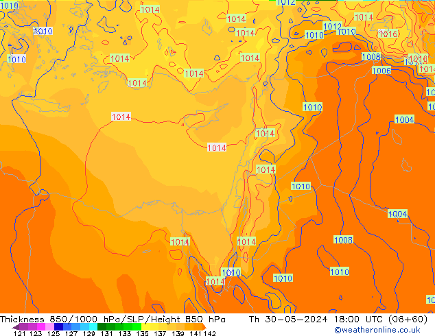 Espesor 850-1000 hPa ECMWF jue 30.05.2024 18 UTC