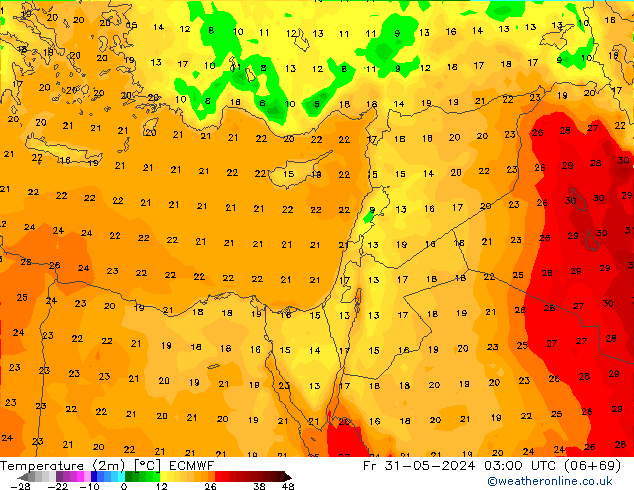 Temperature (2m) ECMWF Fr 31.05.2024 03 UTC