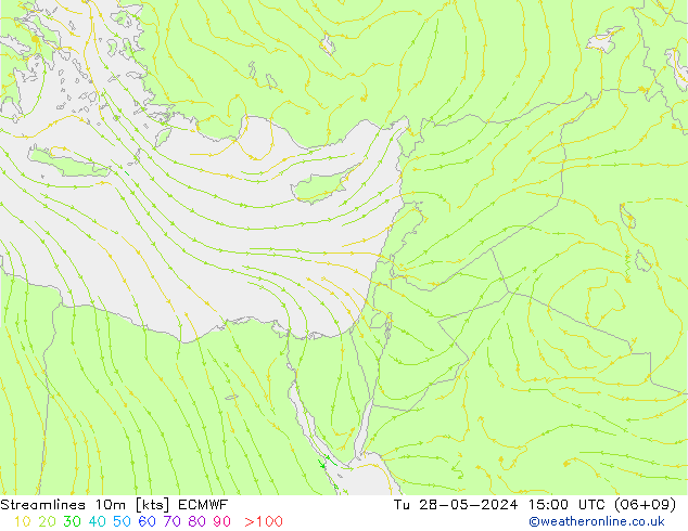 Streamlines 10m ECMWF Út 28.05.2024 15 UTC