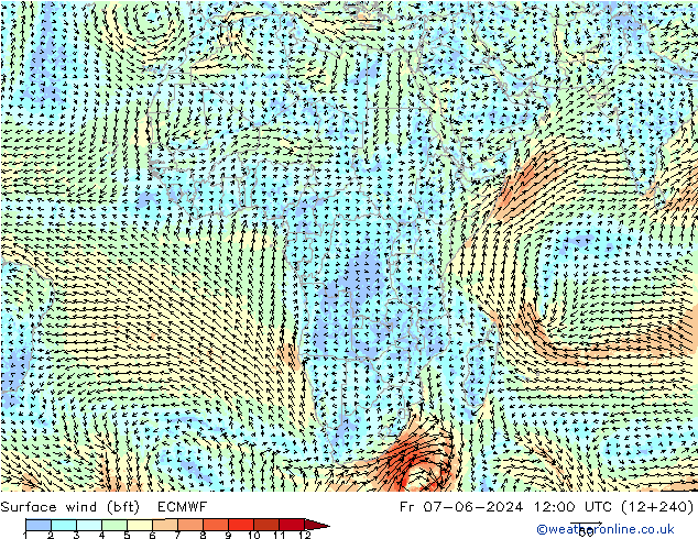 wiatr 10 m (bft) ECMWF pt. 07.06.2024 12 UTC